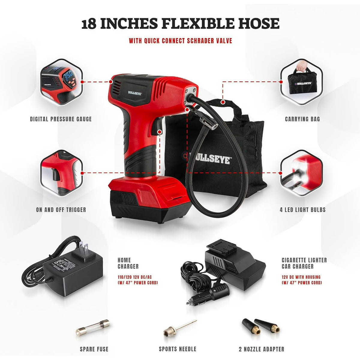 Bullseye Pro Max Deluxe Tire Inflator Portable Air Compressor, Portable Air Pump for Car Tires, Car Tire Inflator Portable - 150PSI, 12V DC 2000 mAhs, Tire Pressure Gauge, Rechargeable As Seen On TV