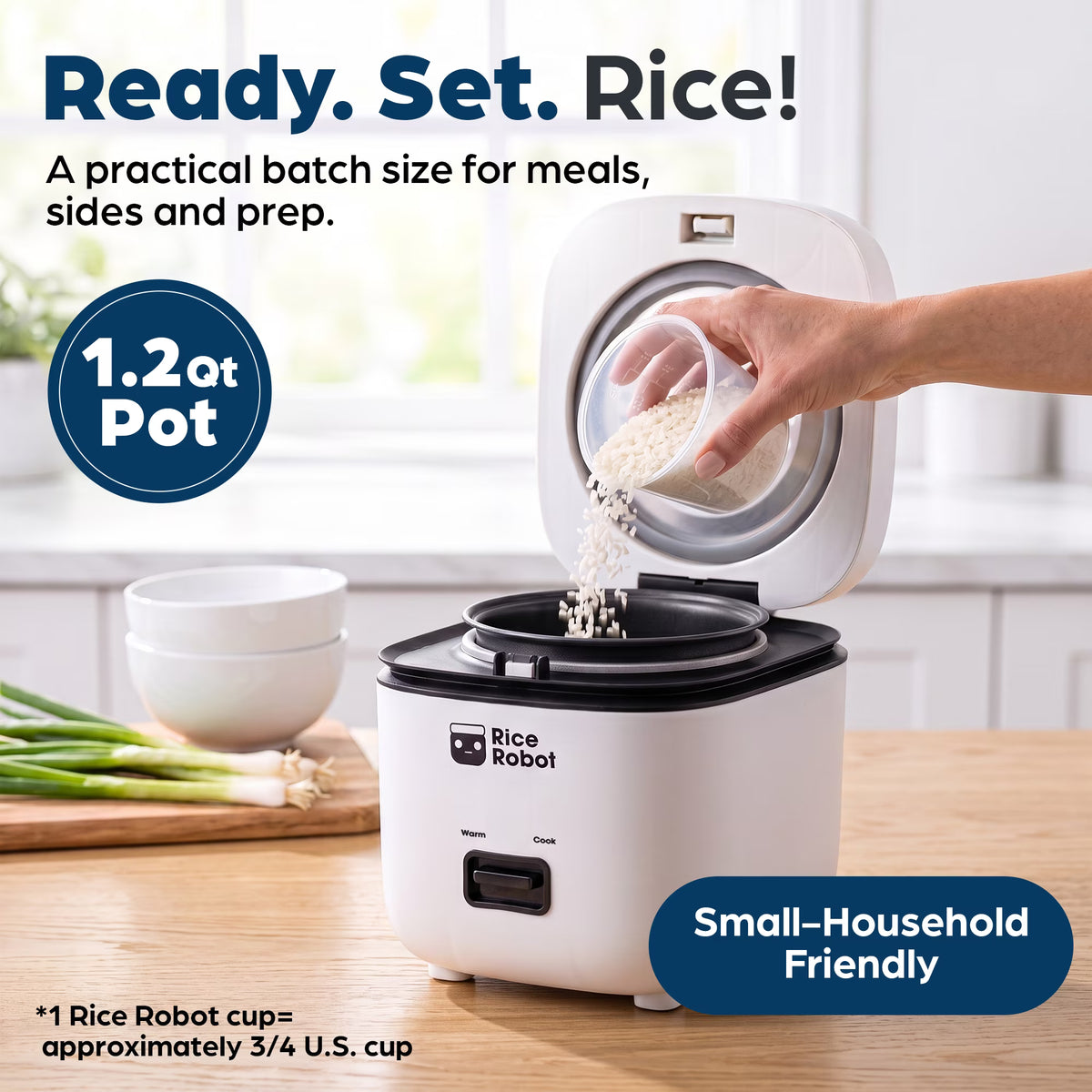 Rice Robot Personal Electric Rice Cooker & Steamer, 4 Cup, Nonstick, with Steamer Tray, White/Black