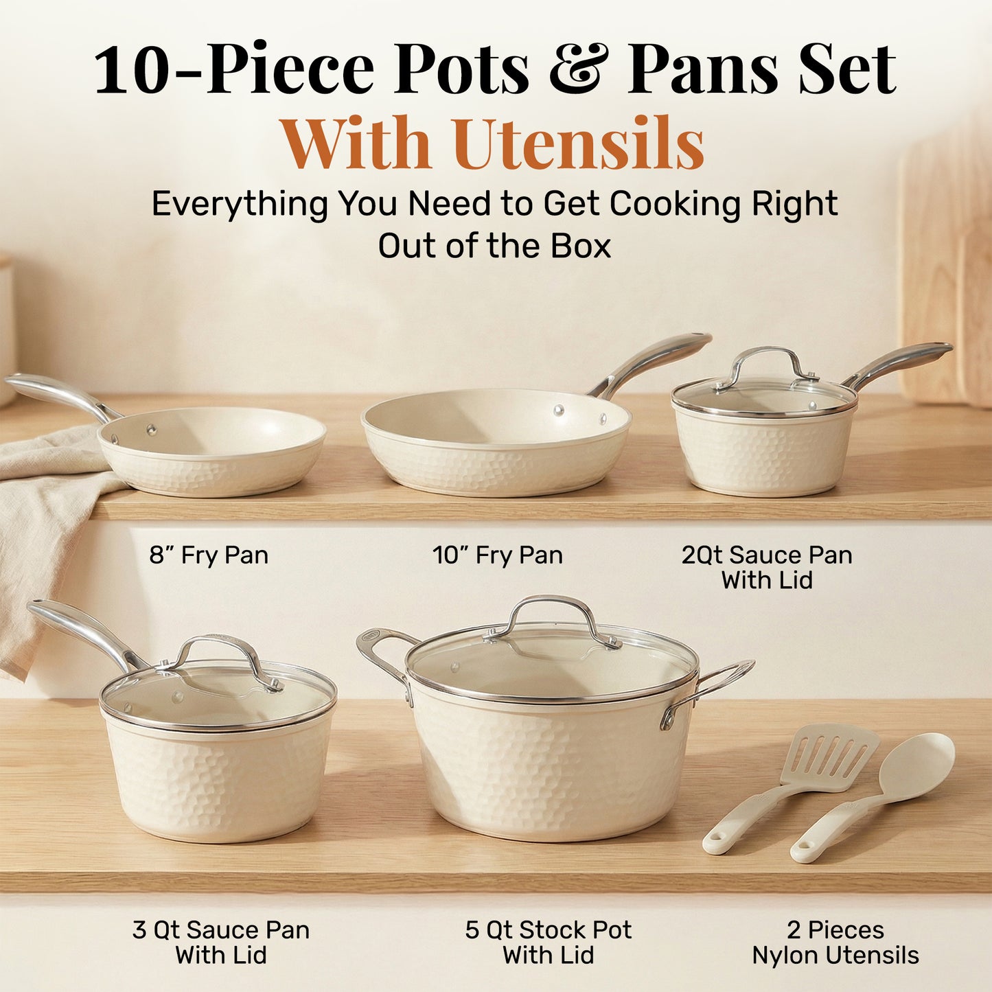 Gotham Steel Diamond Hammered Nonstick Pots and Pans 10 Piece Ceramic Kitchen Cookware Set Cream