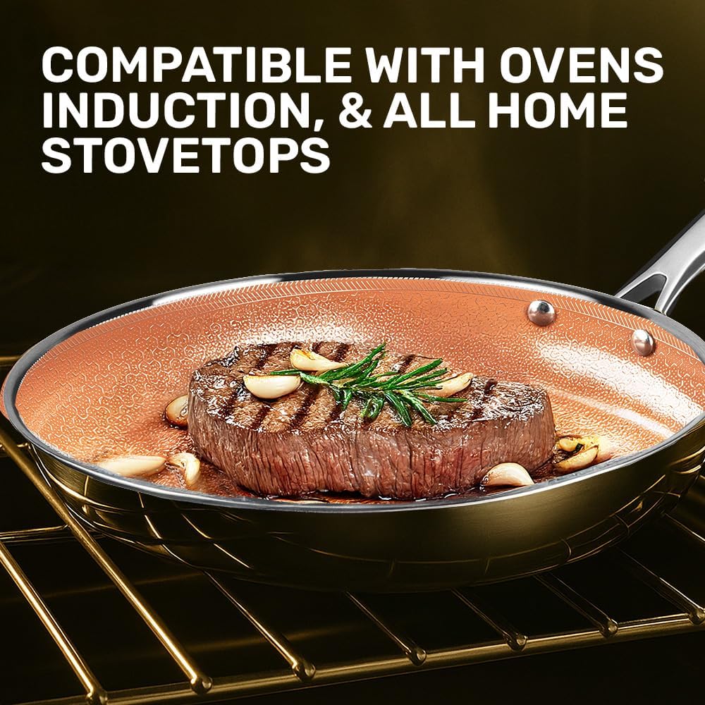 Ceramax Hybrid 3pc Stainless Steel Non Stick Frying Pans Set, 8 10 12 inch Ceramic Frying Pan Skillet Set, Induction Ready, Made without PFAS & PFOA, Oven and Dishwasher Safe - Copper