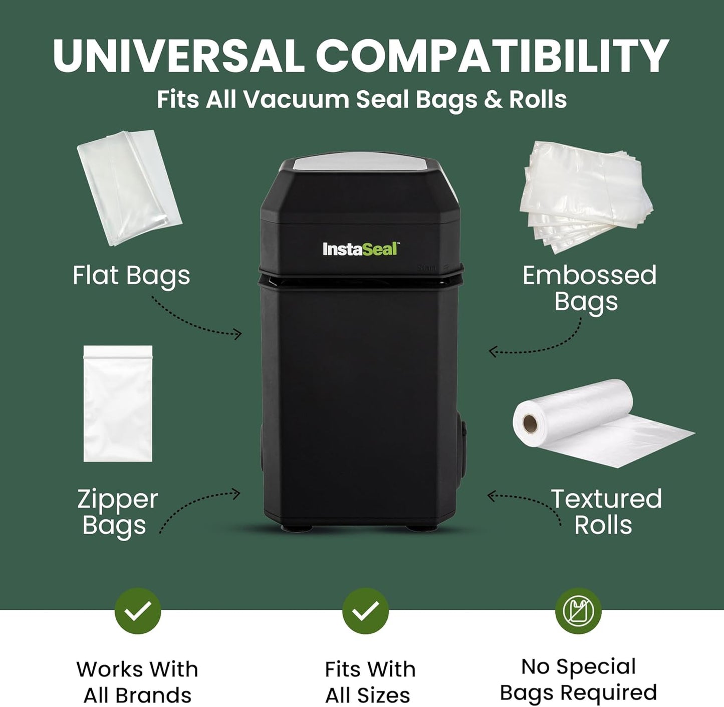 Instaseal Vacuum Sealer for Food with 12 Bags, Preserves Foods 5x Longer, Space Saving Compact Upright Design Allows Machine to Heat Seal Marinades, Soups, Meats for Sous Vide Cooking