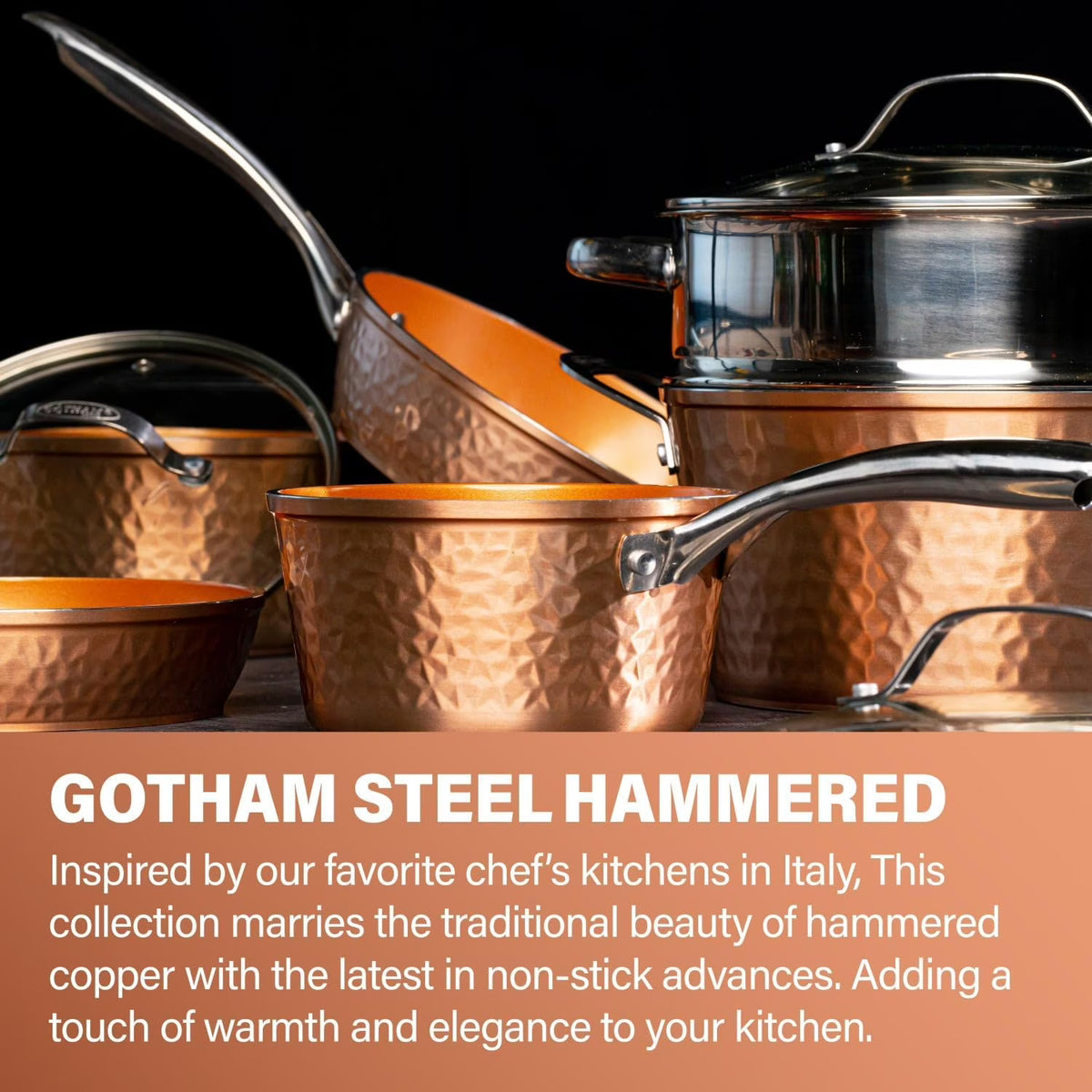 Gotham Steel Hammered 15 Pc Ceramic Cookware Set Nonstick, Deep Copper Pots and Pans Set Non Stick with Bakeware & Deep Fry Pan, Non Toxic Induction Oven and Dishwasher Safe
