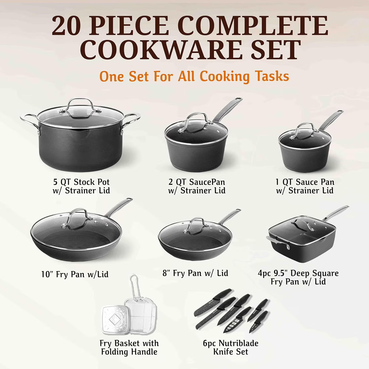 Granitestone Armor Max 20 Pc Pots and Pans Set Non Stick, Hard Anodized Induction Cookware Set with Knife Set and Deep Fryer Basket, Oven & Dishwasher Safe, Black