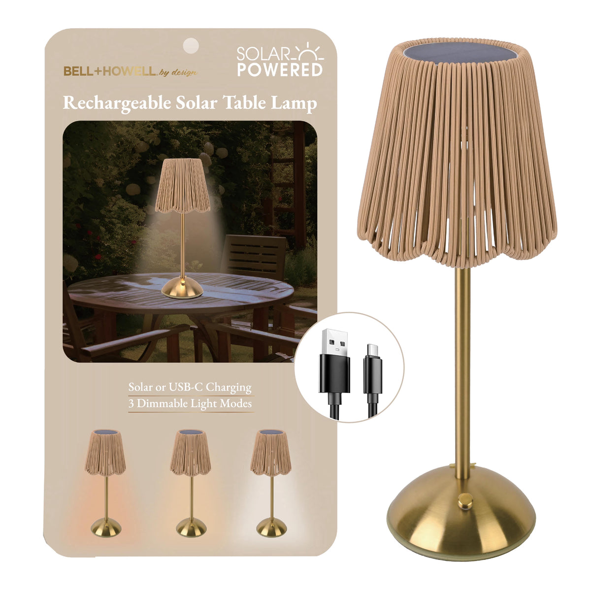 Bell + Howell Rechargeable Solar String Lamp LED Portable Indoor Outdoor Dimmable Modes, Tan/Gold