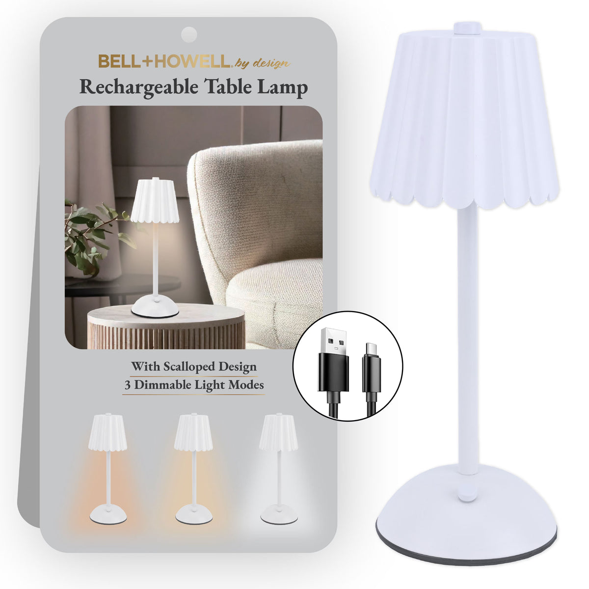 Bell + Howell Rechargeable Table Lamp Scalloped Design Portable LED Light with 3 Dimmable Modes
