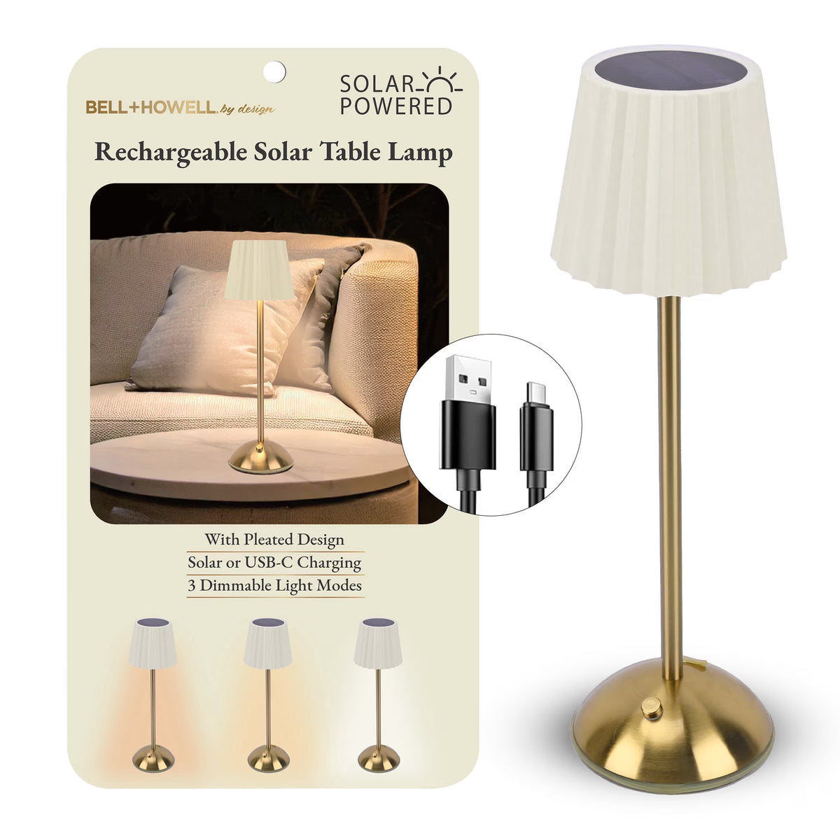 Bell + Howell Solar Rechargeable Pleated Table Lamp Touch Dimmable LED With USB Charging Cream