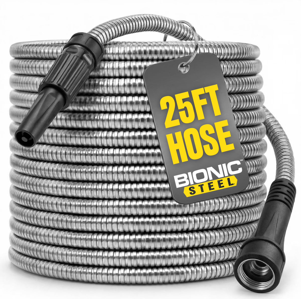BIONIC STEEL 25 Ft Metal Garden Hose with Sprayer Nozzle, Non Kinking Designed Stainless Steel Heavy Duty Water Hose 25 Ft x 5/8 in. Flexible NON Expandable for Uninterrupted Water Flow, 500 PSI