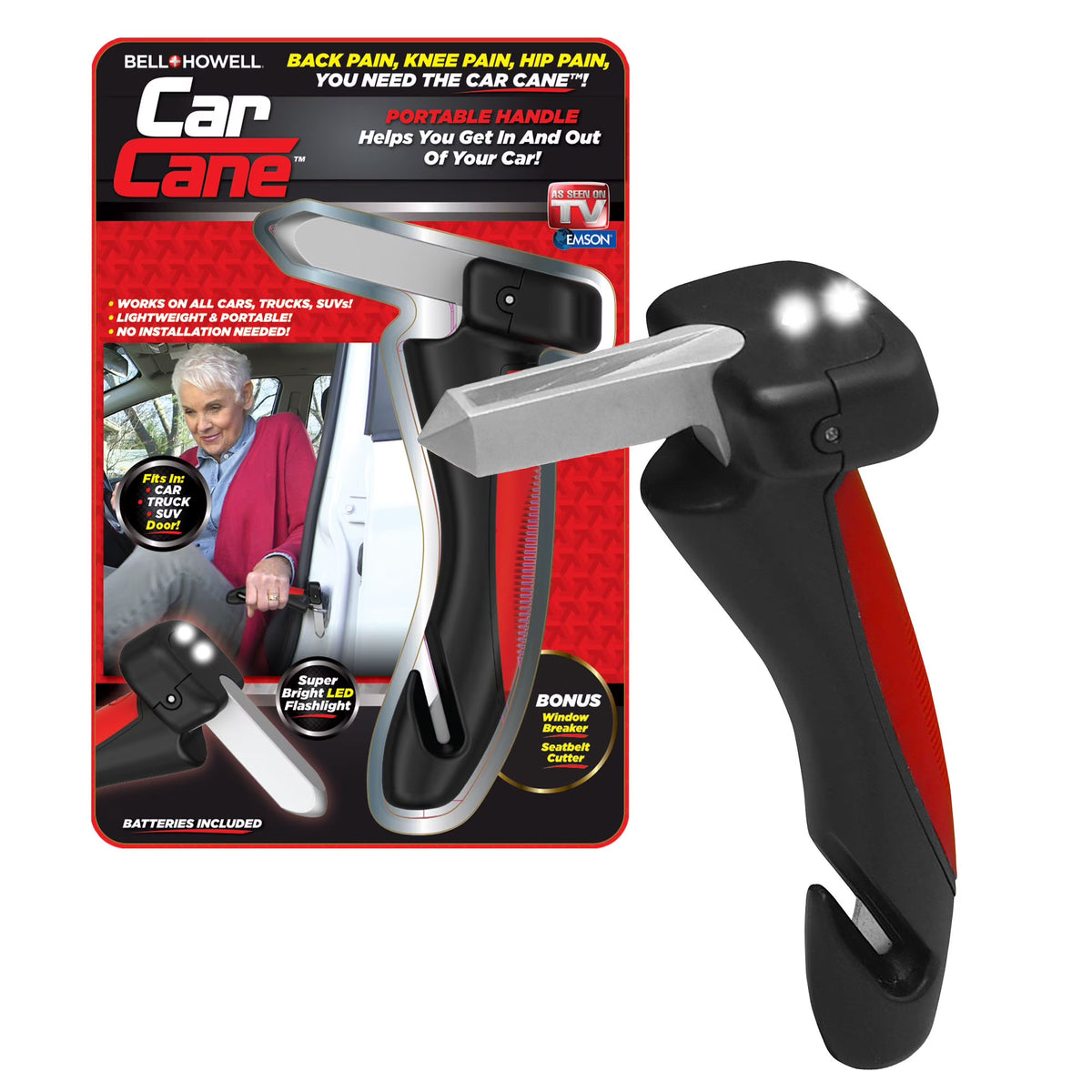 Emson Car Cane, All-in-One Car Cane Door Handle and Mobility Aid with Built in LED Flashlight, Window Breaker Seatbelt Cutter, Car Handle Assist for Elderly and Car Emergency Tool