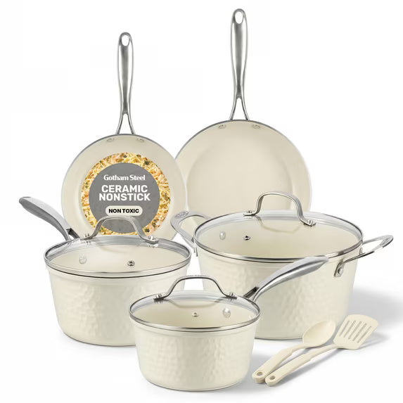 Gotham Steel Hammered 10Pc Pots and Pans Set Nonstick, Ceramic Cookware Set Nonstick, Induction Compatible, Non Toxic, Oven & Dishwasher Safe, Cream