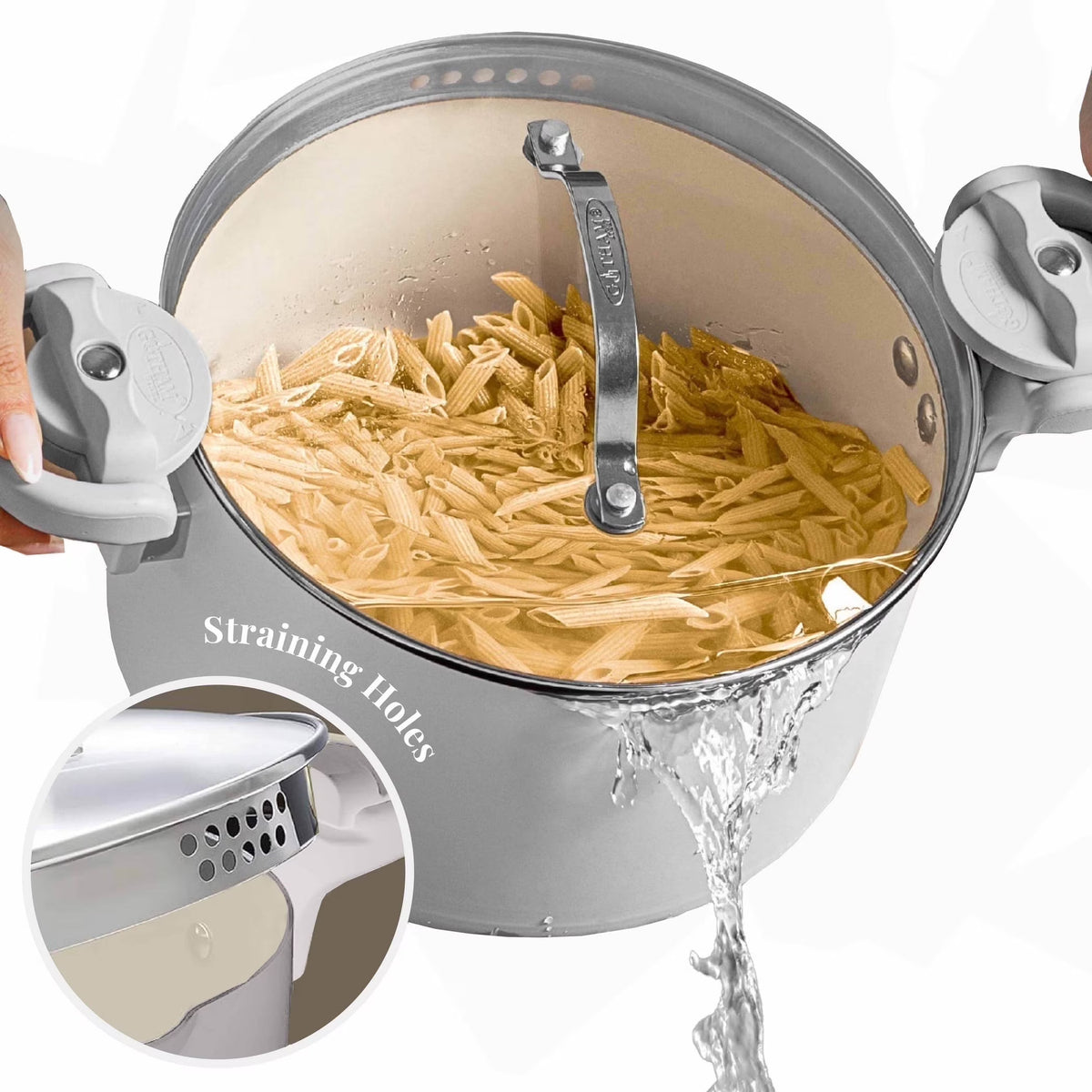 Gotham Steel 5 Qt Nonstick Pasta Pot with Strainer Lid & Twist and Lock Handles, Multipurpose Stock Pot, Dishwasher Safe, Gray