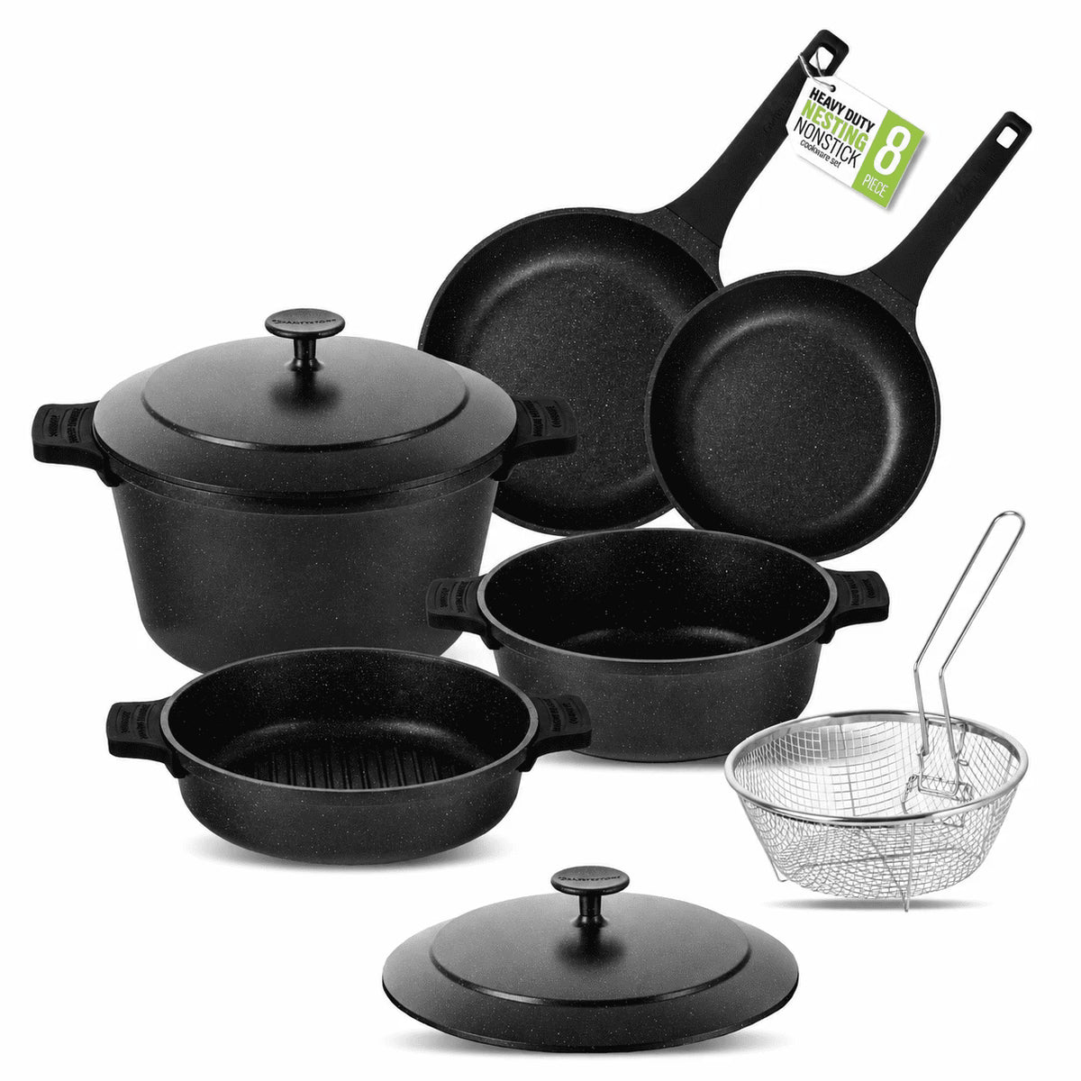 Granitestone 8Pc Pots and Pans Set Nonstick, Ultimate Grillers Cookware Set, Nesting Ceramic Cookware Set, Indoor Grilling & Fry Set, Induction & Camping Cookware Set, Space Saving, Black
