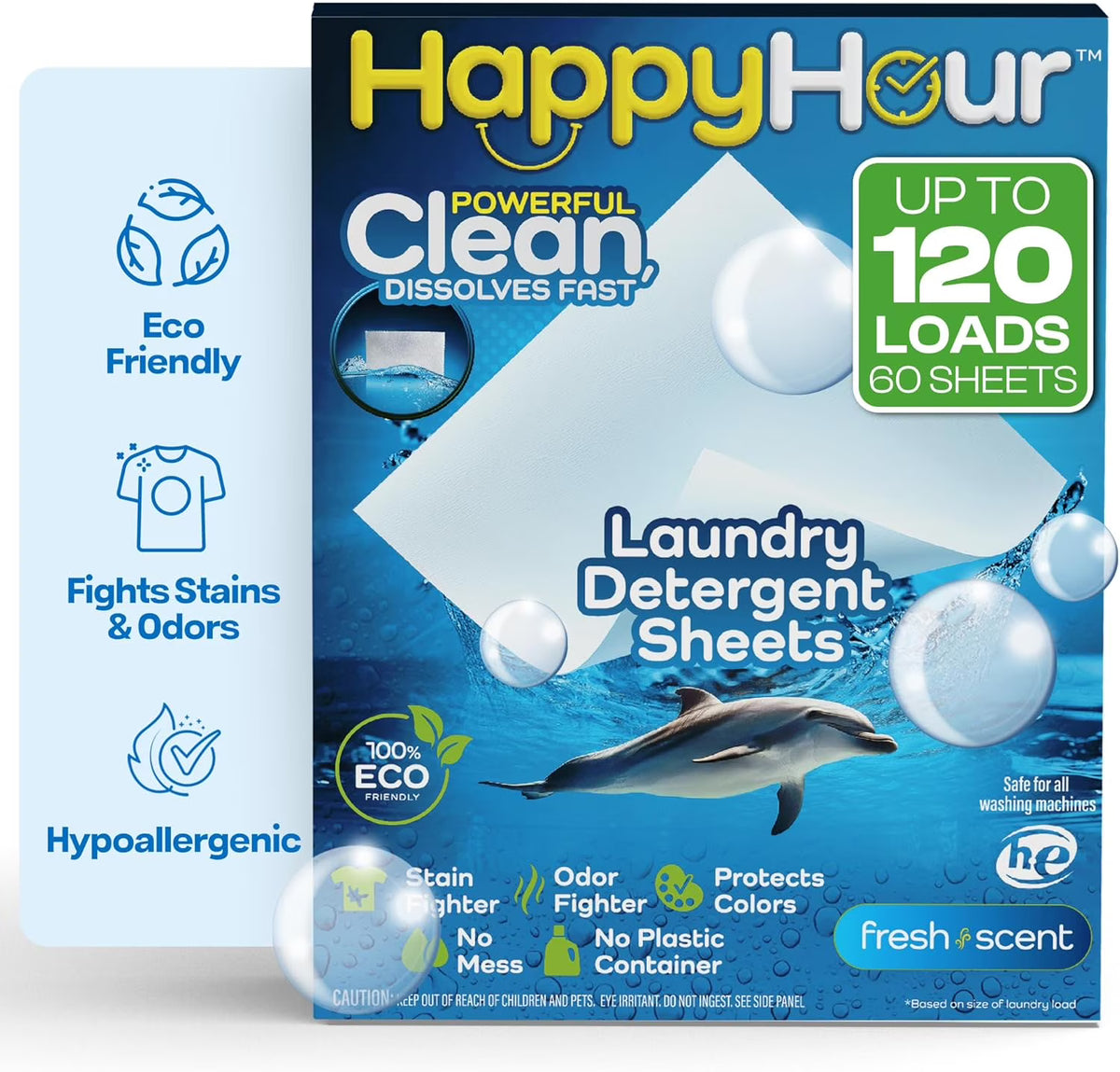 Happy Hour Laundry Detergent Sheets Eco Friendly Color Safe 60 Sheets 120 Loads Fresh Scent