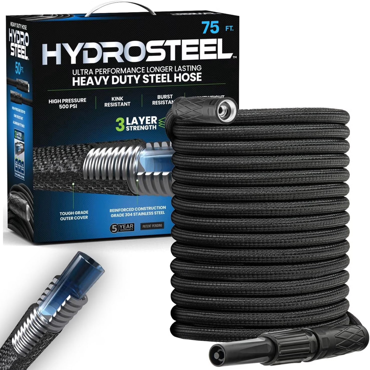 Hydrosteel 75 Ft Metal Garden Hose with Nozzle, Water Hose Made from Heavy Duty 304 Stainless Steel, Flexible, Lightweight, Brass Crush Resistant Fittings, Kink Free, 5/8” Inner Diameter, 600 PSI