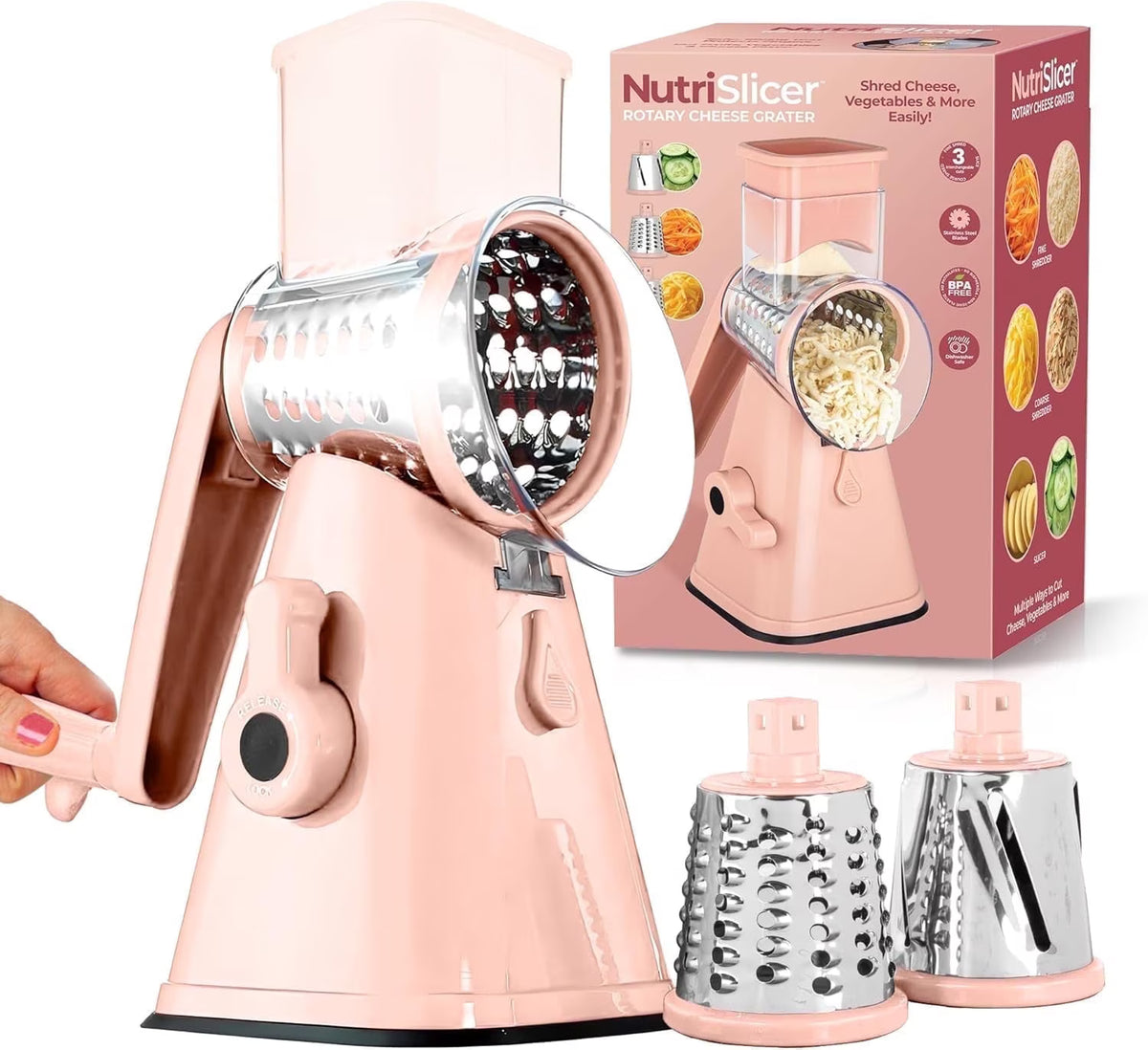 Emson Rotary Cheese Grater with Handle Hand Crank, Cheese Shredder with 3 Blades, Cheese Graters for Kitchen, Vegetable Shredder, Rotary Grater with Suction Cup Base, Dishwasher Safe, Pink