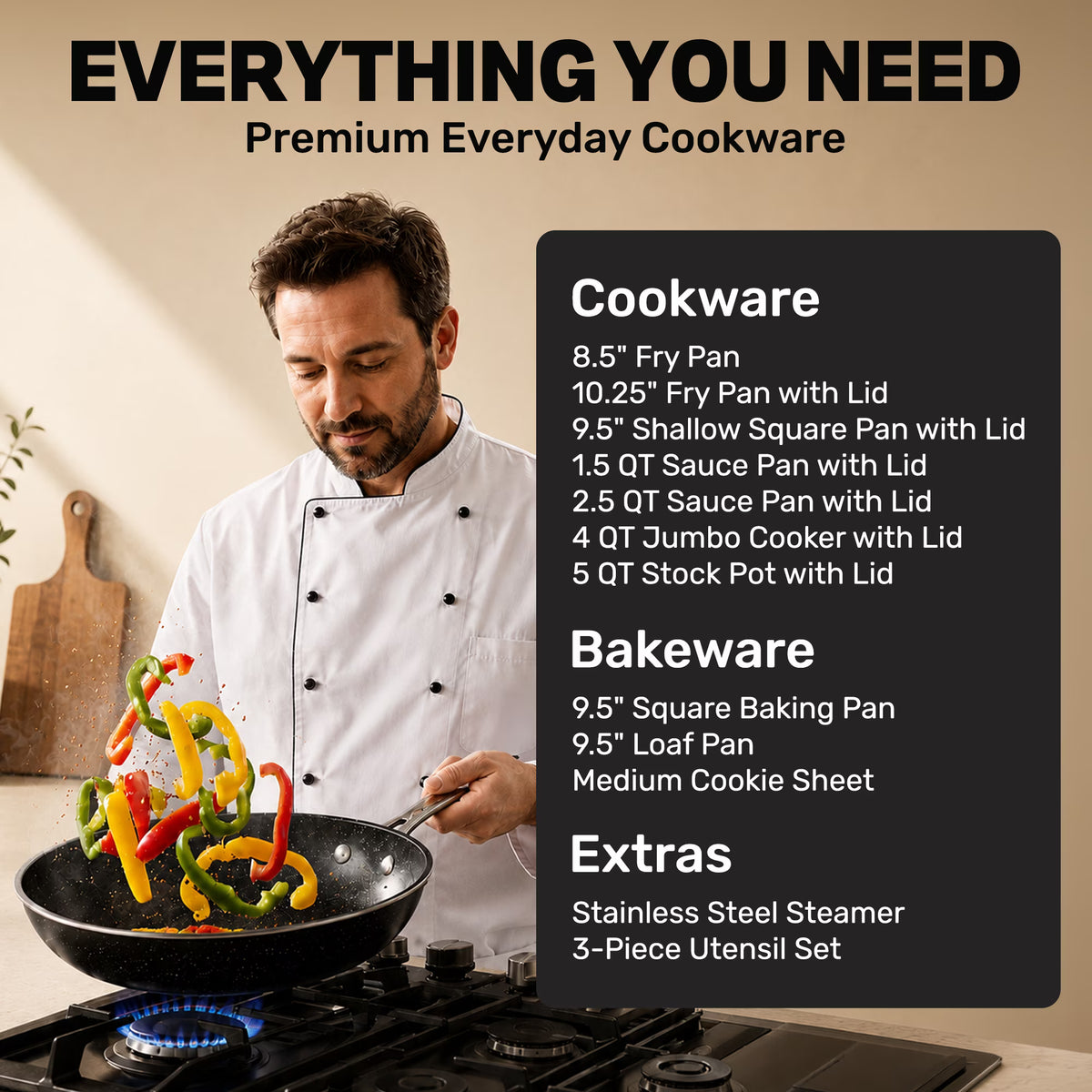 Granitestone 20 Pc Pots and Pans Set Non Stick, Complete Ceramic Cookware Set with Deep Frying Pan, Bakeware and Utensils, Oven & Dishwasher Safe, Black