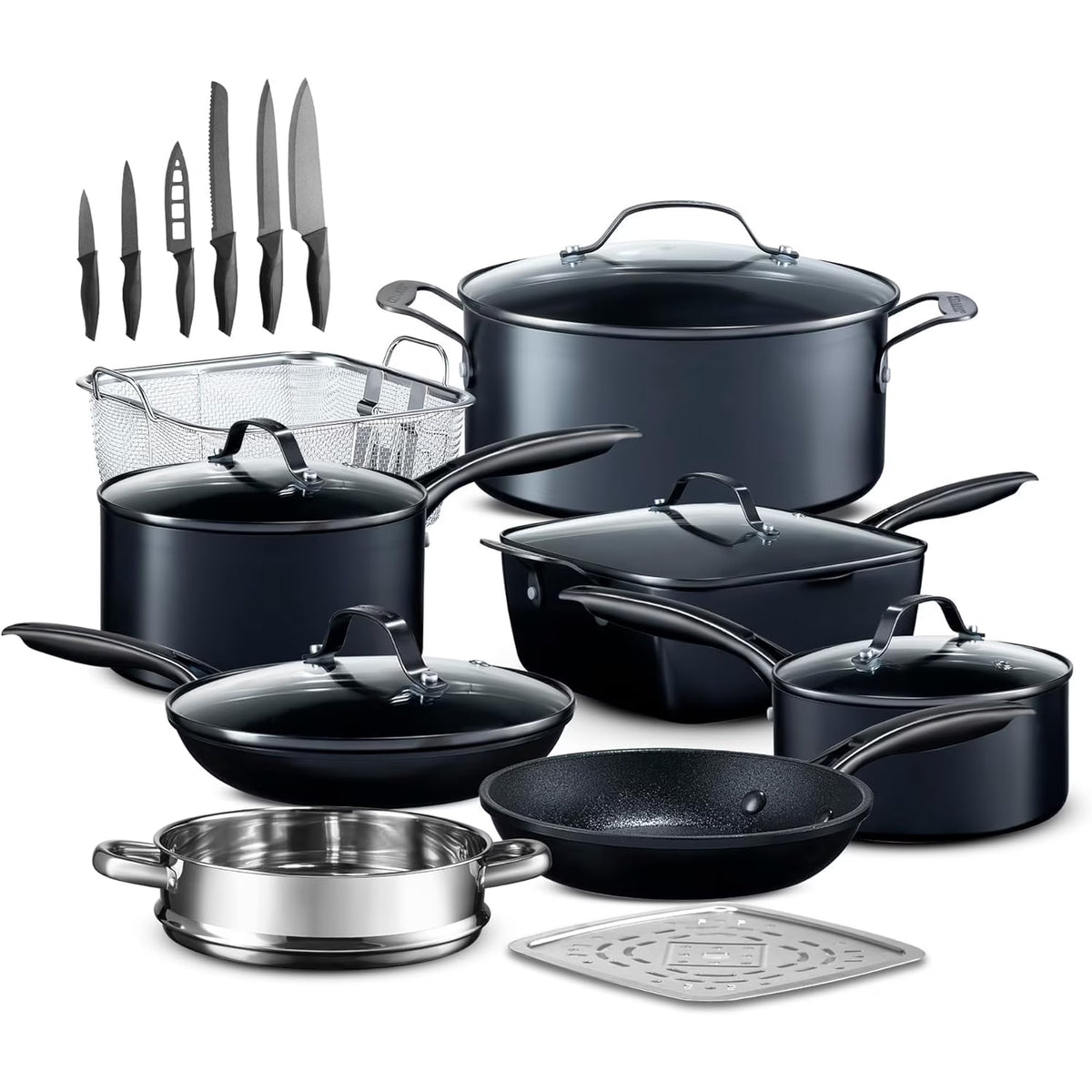 Granitestone Armor Max 20 Pc Pots and Pans Set Non Stick, Hard Anodized Induction Cookware Set with Knife Set and Deep Fryer Basket, Oven & Dishwasher Safe, Black