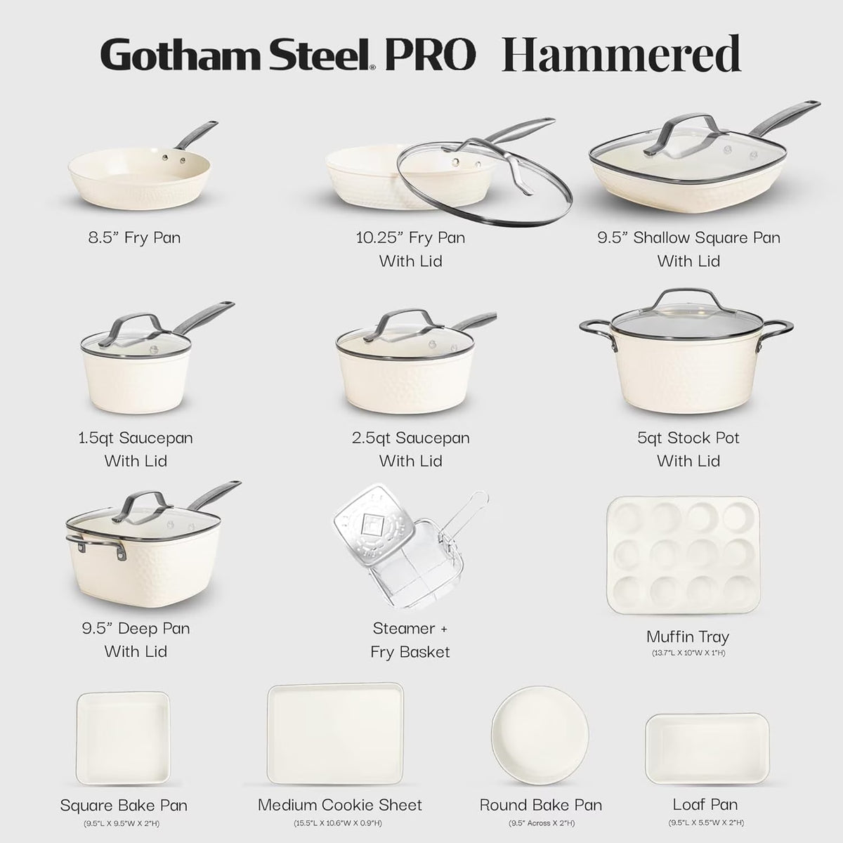 Gotham Steel Hammered 20Pcs Ceramic Cookware Set Nonstick, Induction Pots and Pans Set Non Stick with Deep Fry Pan, Steamer, and Bakeware, Non Toxic, Oven & Dishwasher Safe, Cream