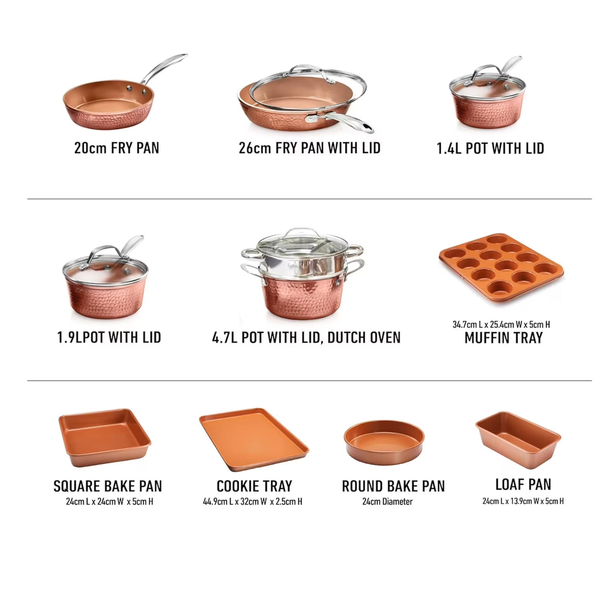 Gotham Steel Hammered 15 Pc Ceramic Cookware Set Nonstick, Deep Copper Pots and Pans Set Non Stick with Bakeware & Deep Fry Pan, Non Toxic Induction Oven and Dishwasher Safe