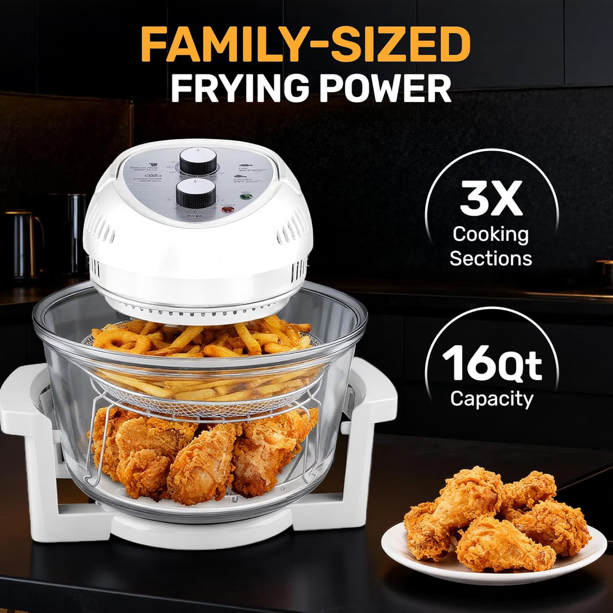 Granitestone 16Qt Large Glass Air Fryer Non Toxic – Family Sized Airfryer Cooker with 3 Cooking Levels, Stainless Steel Racks, Chicken, No Preheat, Self Cleaning, Dishwasher Safe, White