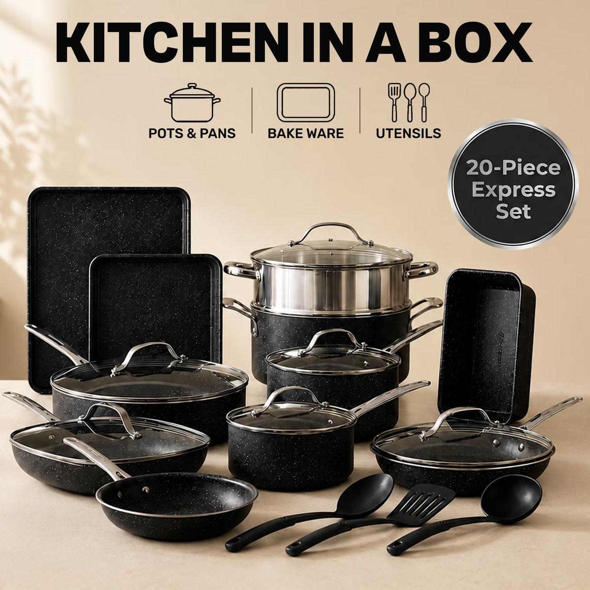 Granitestone 20 Pc Pots and Pans Set Non Stick, Complete Ceramic Cookware Set with Deep Frying Pan, Bakeware and Utensils, Oven & Dishwasher Safe, Black