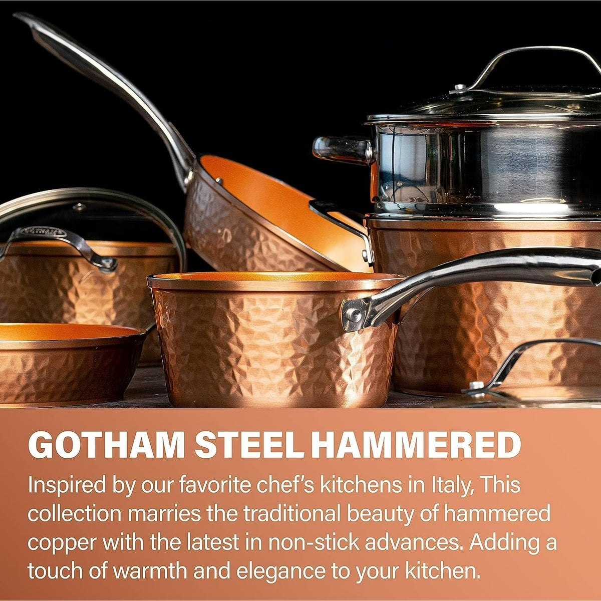 Gotham Steel Hammered 10 Pc Ceramic Pots and Pans Set Non stick, Ceramic Cookware Set, Pots and Pans for Cooking, Non Toxic Pot and Pan Set, Kitchen Set, Oven/Dishwasher Safe, Copper