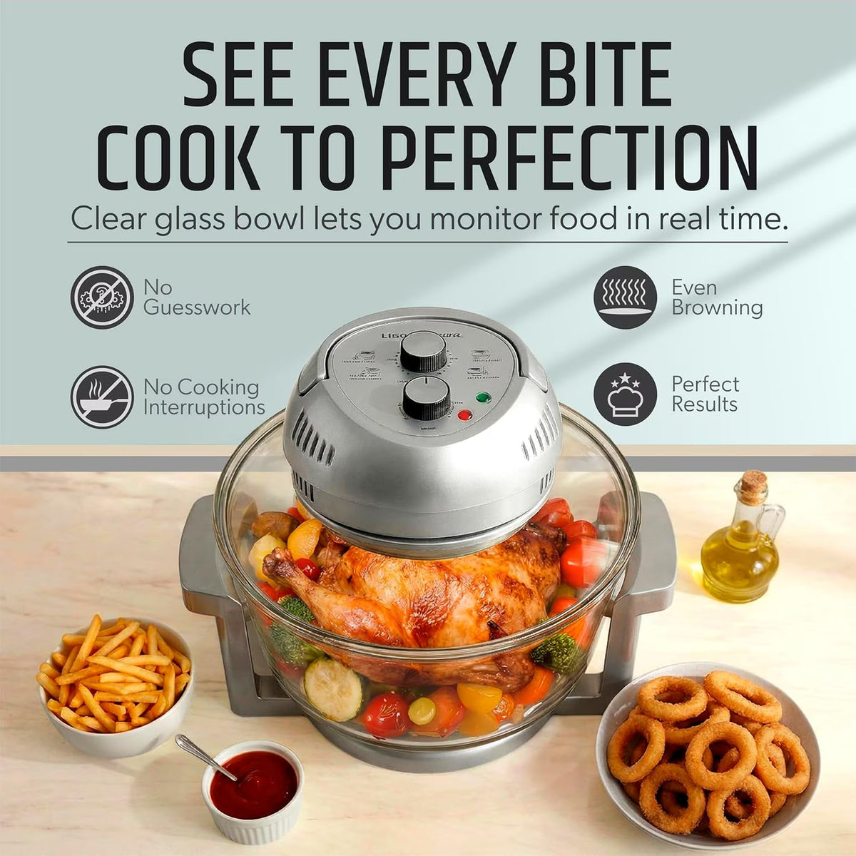 Granitestone 16 Qt Large Glass Air Fryer Non Toxic – Family Sized Airfyrer Cooker with 3 Cooking Sections, Stainless Steel Racks, No Preheat, Self Cleaning, Dishwasher Safe - Silver