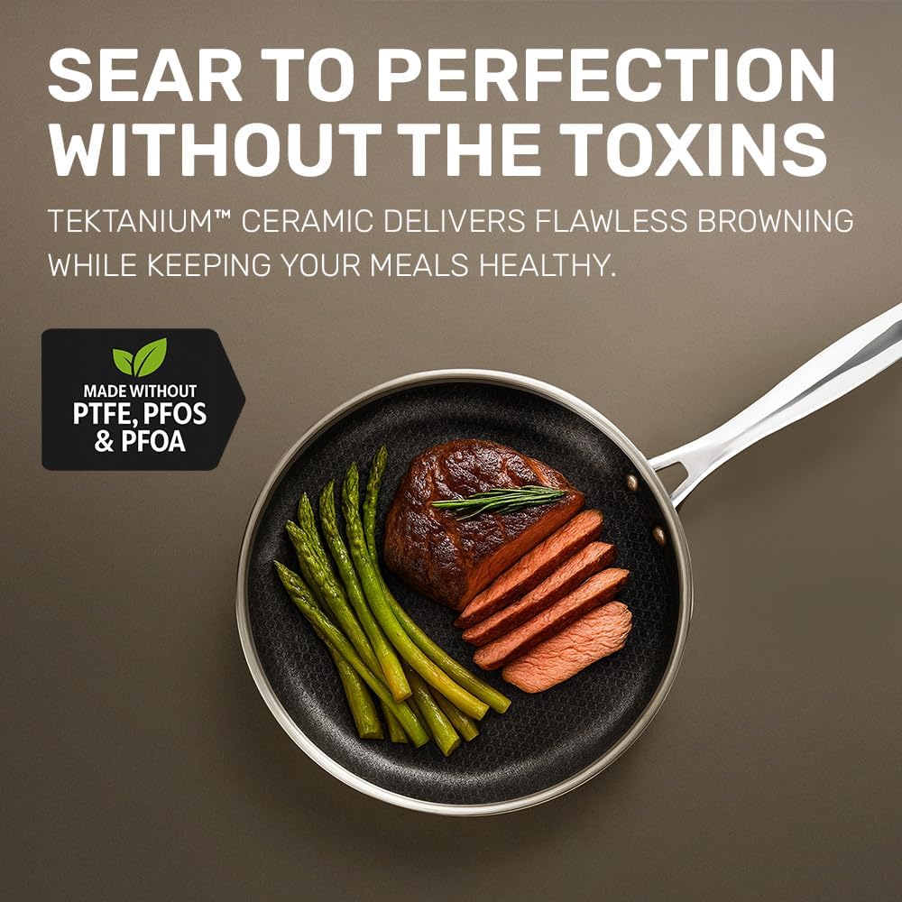 Ceramax Hybrid 3pc Stainless Steel Non Stick Frying Pans Set, 8 10 12 inch Ceramic Frying Pan Skillet Set, Induction Ready, Made without PFAS & PFOA, Oven and Dishwasher Safe - Black