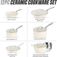 GOTHAM STEEL 12 Pc Titanium Ceramic Cookware Set Nonstick, Diamond Infused | Pots and Pans Non Stick, Non Toxic PFAS Free, Lightweight, Even Heating, Stay Cool Handles, Dishwasher & Oven Safe, Cream