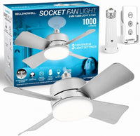 Bell+Howell Socket Breeze 15.4" Socket Fan Light – Portable Low Profile Ceiling Fans with Lights and Remote Control for Bedroom, Kitchen, Living Room - Silver, Warm Light - Amazon.com