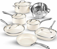 GOTHAM STEEL 12 Pc Titanium Ceramic Cookware Set Nonstick, Diamond Infused | Pots and Pans Non Stick, Non Toxic PFAS Free, Lightweight, Even Heating, Stay Cool Handles, Dishwasher & Oven Safe, Cream