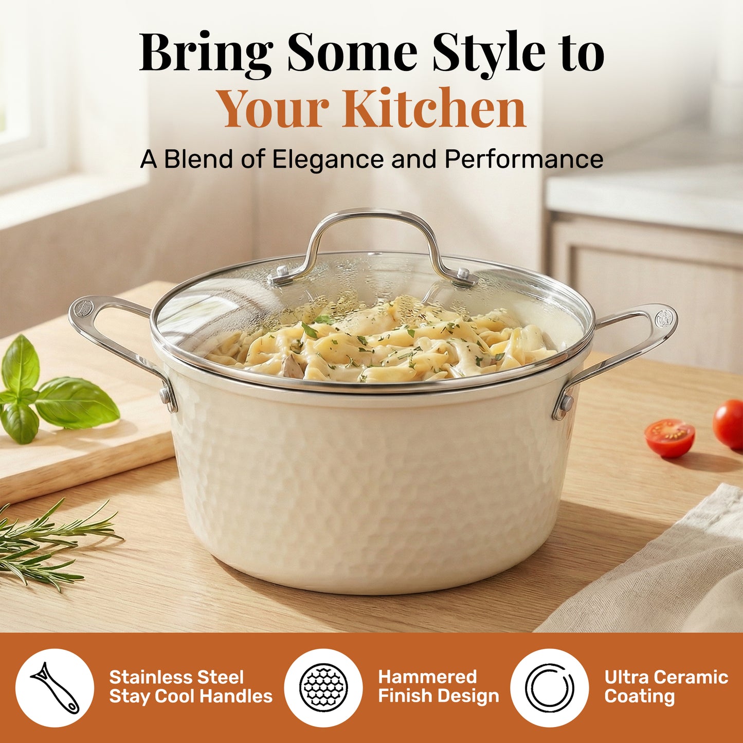 Gotham Steel Diamond Hammered Nonstick Pots and Pans 10 Piece Ceramic Kitchen Cookware Set Cream