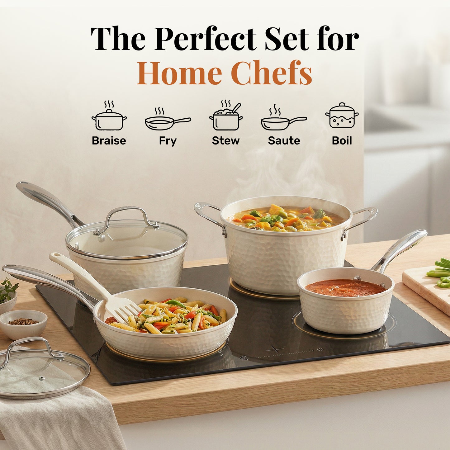 Gotham Steel Diamond Hammered Nonstick Pots and Pans 10 Piece Ceramic Kitchen Cookware Set Cream
