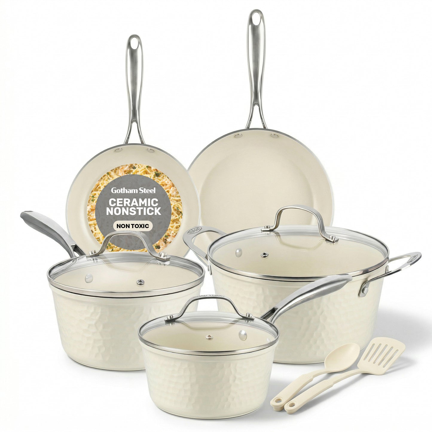 Gotham Steel Diamond Hammered Nonstick Pots and Pans 10 Piece Ceramic Kitchen Cookware Set Cream