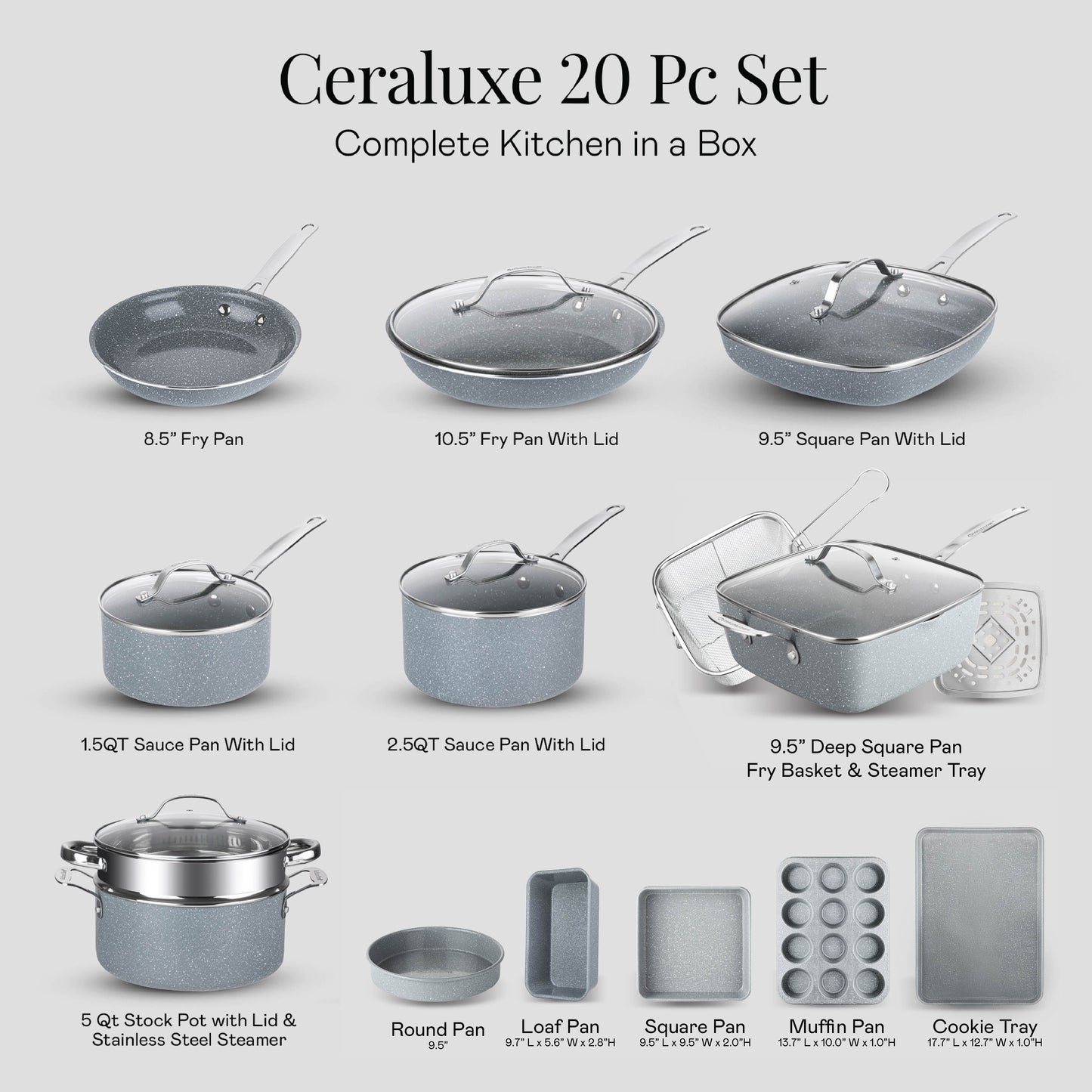 Granitestone 20 Pc Ceramic Cookware Set Nonstick, Complete Pots and Pans Set Non Stick for Kitchen with 5 Pc Bakeware Set, Deep Frying Pan Set, & Steamer, Non Toxic PFOA Free, Oven & Dishwasher Safe (Copy)