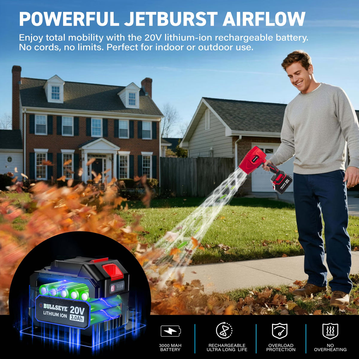 Bullseye Blower Rechargeable Cordless Leaf Dust Air Blaster 21,000 RPM with 20V Battery and Charger