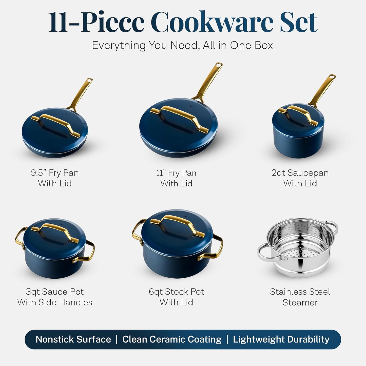 Gotham Steel Modern 11 Pc Ceramic Cookware Set, Elegantly Designed Pots and Pans Set Non Stick with Steamer, Induction Bottom, Premium Stay Cool Handles, Non Toxic PFOA Free, Oven & Dishwasher Safe (Copy) (Copy)