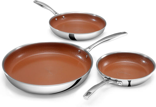 Ceramax Hybrid 3pc Stainless Steel Non Stick Frying Pans Set, 8 10 12 inch Ceramic Frying Pan Skillet Set, Induction Ready, Made without PFAS & PFOA, Oven and Dishwasher Safe - Copper