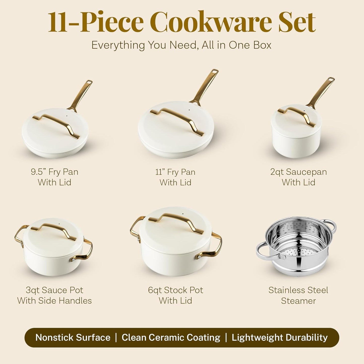 Gotham Steel Modern 11 Pc Ceramic Cookware Set, Elegantly Designed Pots and Pans Set Non Stick with Steamer, Induction Bottom, Premium Stay Cool Handles, Non Toxic PFOA Free, Oven & Dishwasher Safe