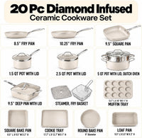 GRANITESTONE Ceraluxe 20 Pc Ceramic Cookware Set Nonstick, Diamond Infused | Pots and Pans Non Stick, Deep Frying Pan & Bakeware Set Included, Non Toxic PFAS-Free, Oven & Dishwasher Safe, Taupe: Home & Kitchen