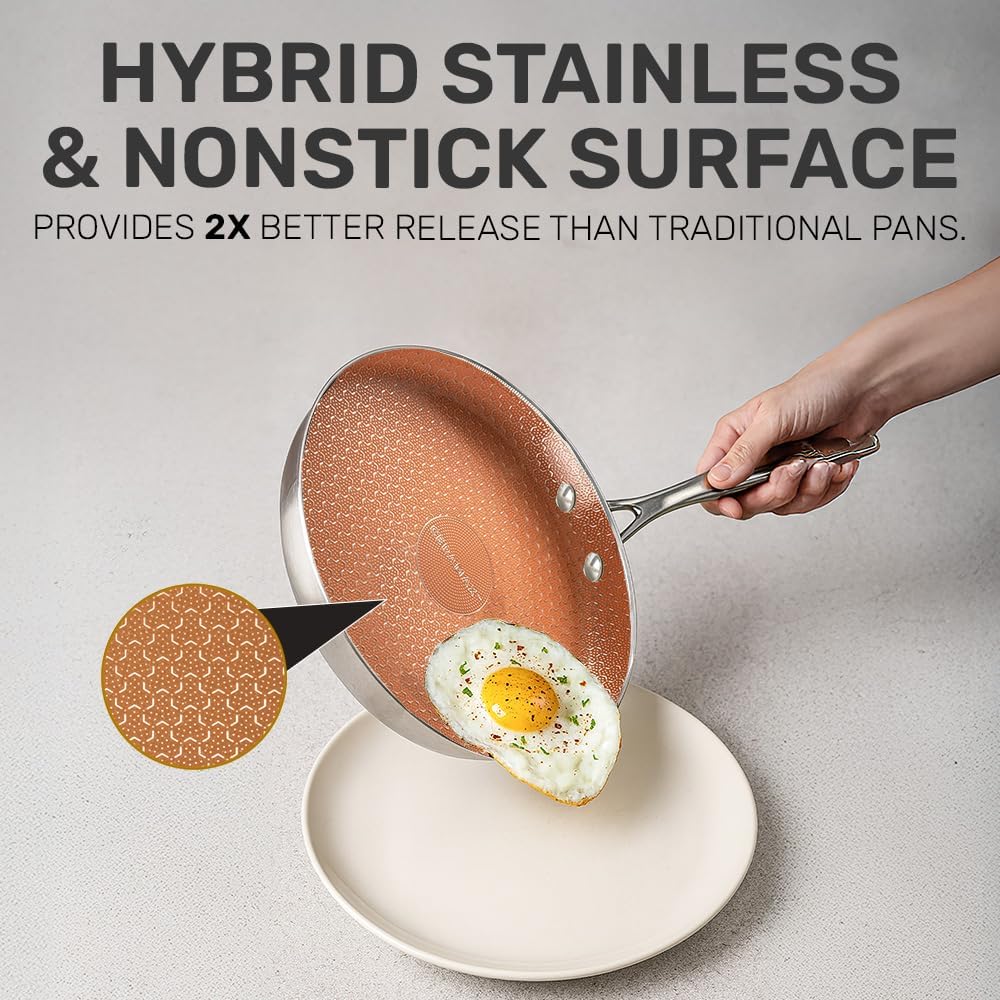 Ceramax Hybrid 3pc Stainless Steel Non Stick Frying Pans Set, 8 10 12 inch Ceramic Frying Pan Skillet Set, Induction Ready, Made without PFAS & PFOA, Oven and Dishwasher Safe - Copper