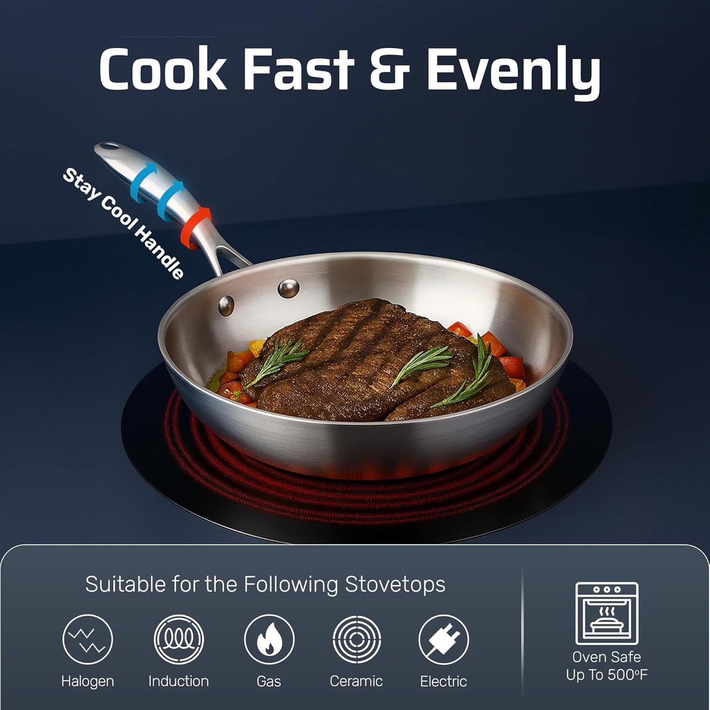 Gotham Steel 10 Pcs Stainless Steel Cookware Set, Pots and Pans Set with Induction Cookware, Made Without PTFE PFOA PFOS, Metal Utensil Safe, Oven and Dishwasher Safe