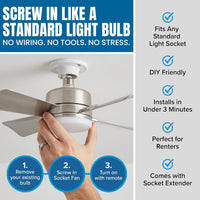 Bell+Howell Socket Breeze 15.4" Socket Fan Light – Portable Low Profile Ceiling Fans with Lights and Remote Control for Bedroom, Kitchen, Living Room - Silver, Warm Light - Amazon.com