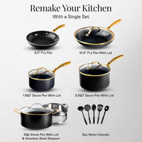 Gotham Steel 15 Pc Ceramic Cookware Set Nonstick, Ceramic Pots and Pans Set Non Stick with Steamer & Cooking Utensils, Non Toxic PFOA PFOS Free, Premium Stay Cool Handles, Oven & Dishwasher Safe: Home & Kitchen — Black/Gold