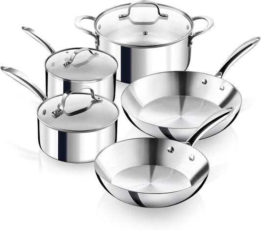 Gotham Steel 10 Pcs Stainless Steel Cookware Set, Pots and Pans Set with Induction Cookware, Made Without PTFE PFOA PFOS, Metal Utensil Safe, Oven and Dishwasher Safe