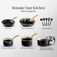 Gotham Steel 15 Pc Ceramic Cookware Set Nonstick, Ceramic Pots and Pans Set Non Stick with Steamer & Cooking Utensils, Non Toxic PFOA PFOS Free, Premium Stay Cool Handles, Oven & Dishwasher Safe: Home & Kitchen — Black/Gold