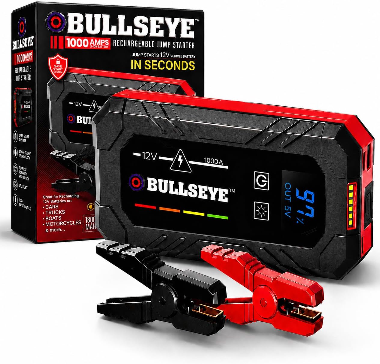 Bullseye Safety XL 1000A Car Battery Jump Starter Box with Jumper Cables, 12V Car Jump Starter Portable Booster for 6.0L Gas and 3.0L Diesel Engines, 1800 mAh Rechargeable, Reverse Polarity Protection
