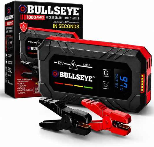 Bullseye Safety XL 1000A Car Battery Jump Starter Box with Jumper Cables, 12V Car Jump Starter Portable Booster for 6.0L Gas and 3.0L Diesel Engines, 1800 mAh Rechargeable, Reverse Polarity Protection