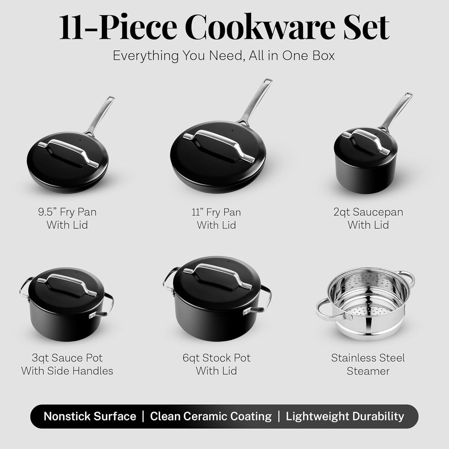 Gotham Steel Modern 11 Pc Ceramic Cookware Set, Elegantly Designed Pots and Pans Set Non Stick with Steamer, Induction Bottom, Premium Stay Cool Handles, Non Toxic PFOA Free, Oven & Dishwasher Safe (Copy)