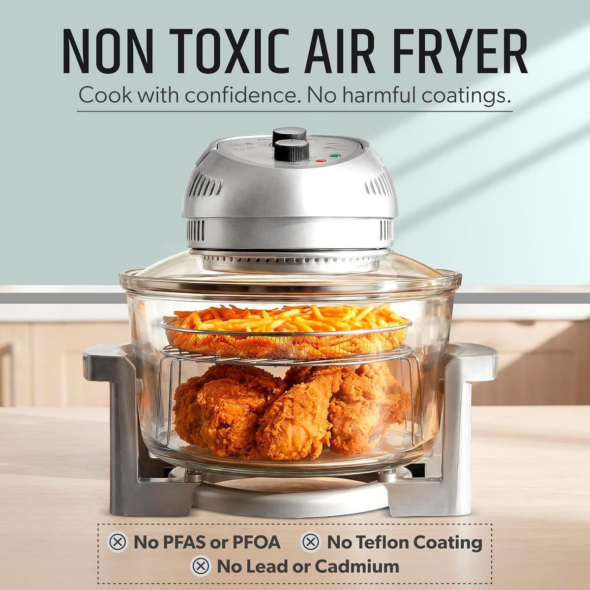Granitestone 16 Qt Large Glass Air Fryer Non Toxic – Family Sized Airfyrer Cooker with 3 Cooking Sections, Stainless Steel Racks, No Preheat, Self Cleaning, Dishwasher Safe - Silver