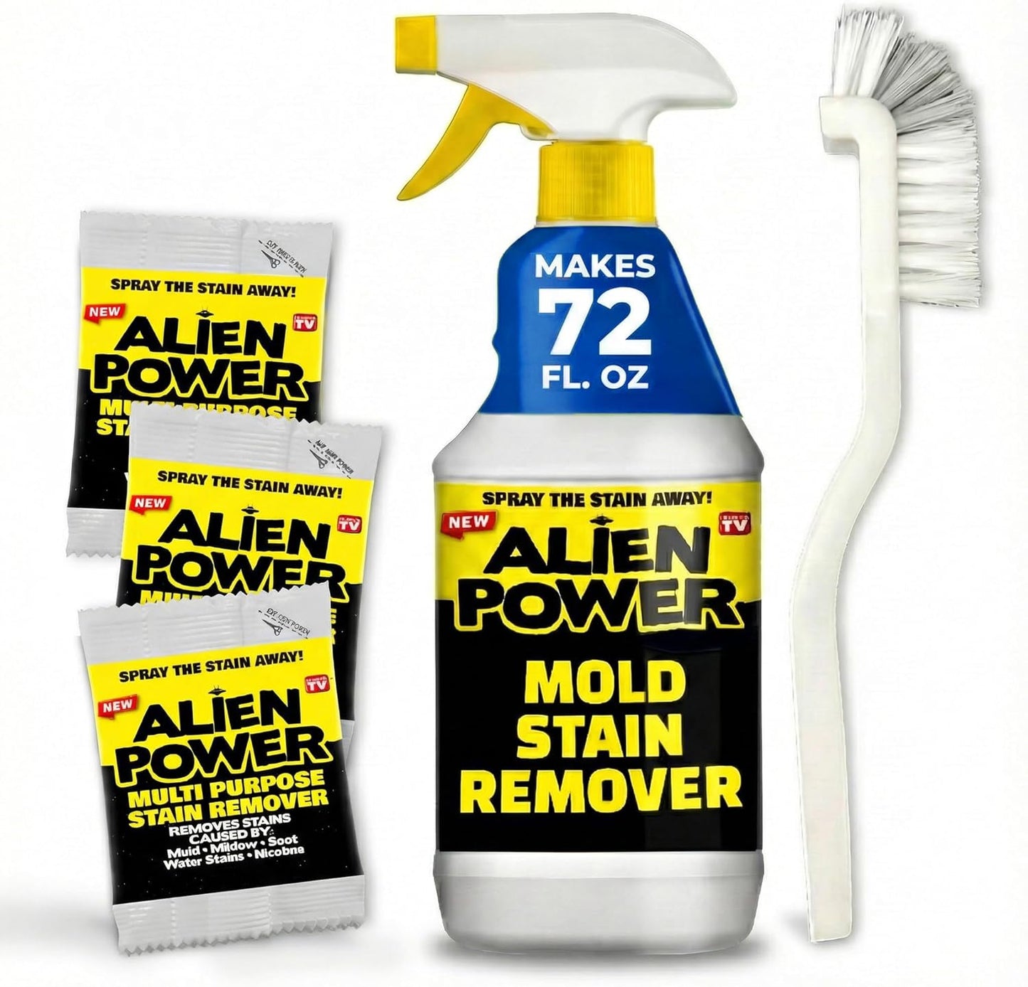 Alien Power Instant Stain Remover Spray for Bathroom & Household Surfaces, No-Scrub Formula for Tiles, Grout & Washing Machines (2 Packets + 24oz Spray Bottle)